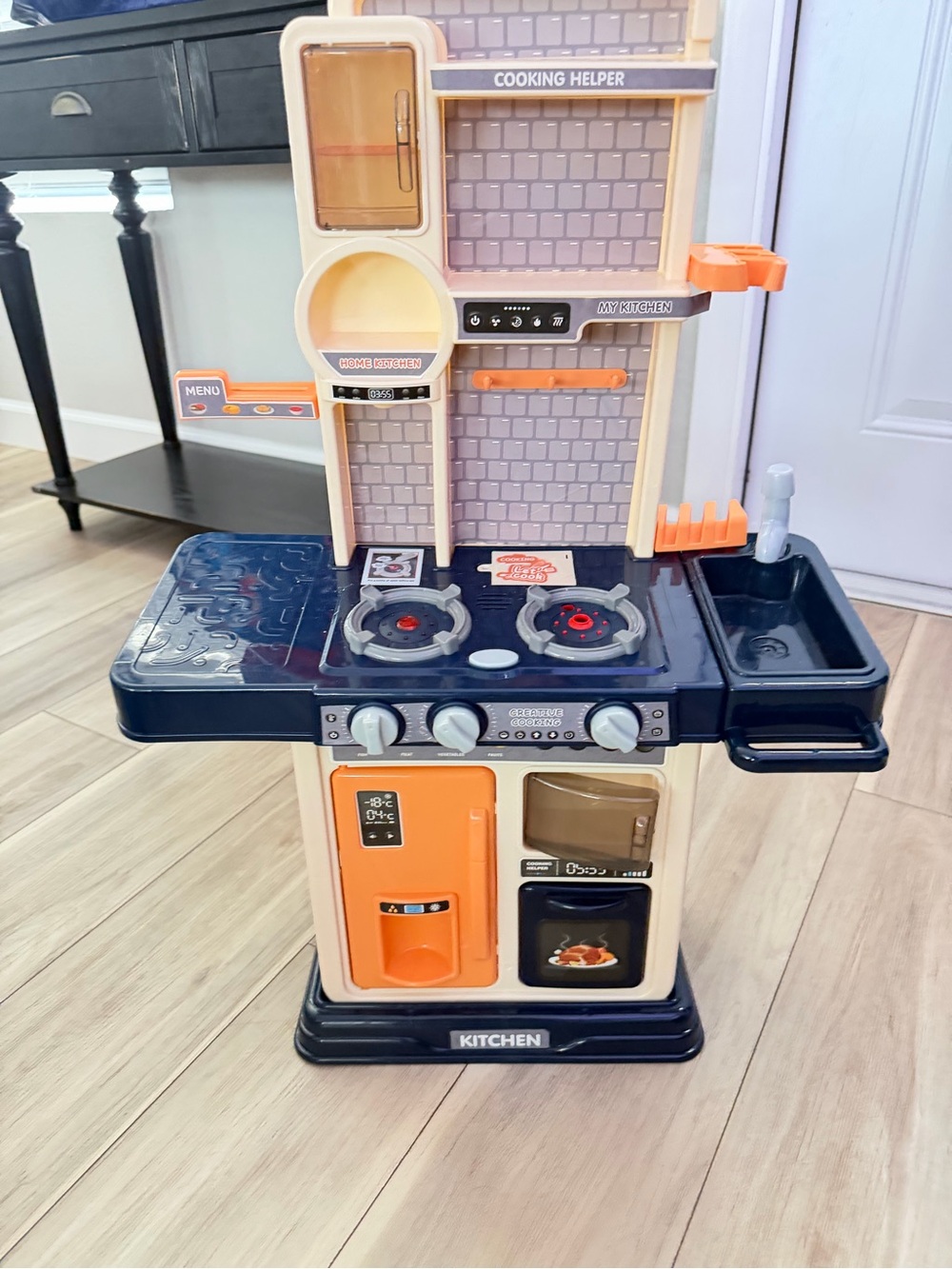 Toddler Play Kitchen - Cream, Navy & Orange Pretend Stove & Sink